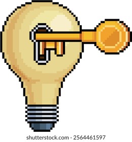 Pixel art of light bulb with a golden key in 8-bit style on white background