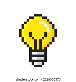 Pixel art light bulb icon. Idea lamp, thinking lightbulb and solution inspiration. Game design idea lamp icon. Energy light bulb symbol. Retro electricity power. Vector