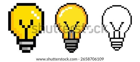 pixel art Light bulb vector 8 bit lamp icon logo. Idea icon, thinking, solution concept pixel art Light bulb vector game 8 bit lamp icon logo. Idea icon, thinking, solution concept