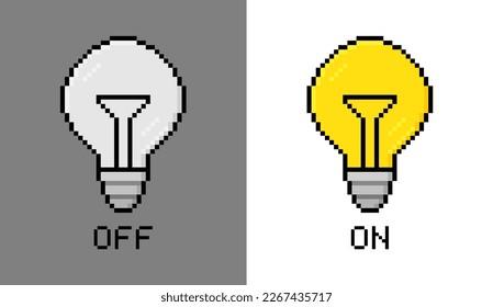 Pixel art light bulbs with switch on or switch off. 8-bit bulb icon concept for idea, thinking, creativity, brainstorming, solution. Logo design. Vector illustration.