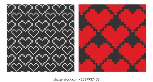 Pixel Art Light and Red hearts Seamless Patterns on dark Background White or Valentine Day wallpaper
