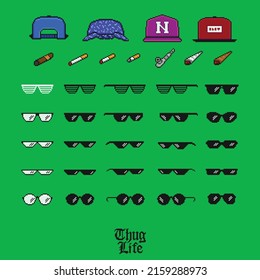 Pixel art Like A Boss Thug Life vector icon set. Glasses, cigarettes, caps on green screen chroma key background 8 bit