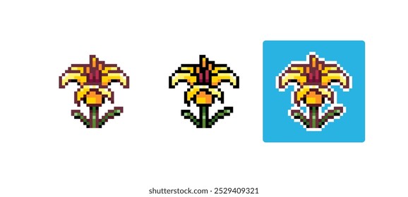 Pixel Art Lily Icon Vector Illustration. Lilium Flower Graphic Isolated Sticker. Retro 8 Bit Lily for Video Game, Mobile, Web. Spring Nature Floral Element. Digital Art Asset