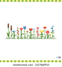 Pixel art line of flowers icon. Vector 8 bit style illustration of line of wildflowers. Cute decorative forest element of retro video game computer graphic for game asset, sprite, sticker or web.