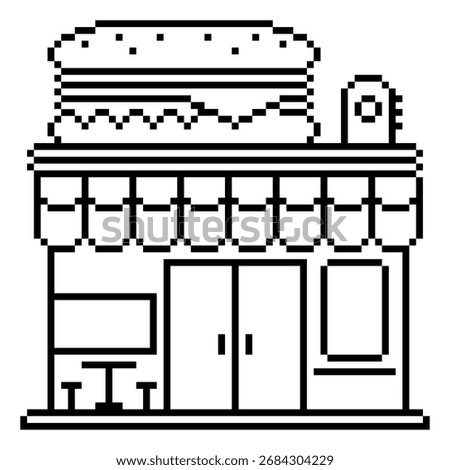 Pixel art line style fast food burger shop with a simple black and white look, a small building shape with a large burger board on it, suitable for retro game outlines or minimalist illustrations.