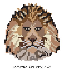 Pixel art with lion head on white background.