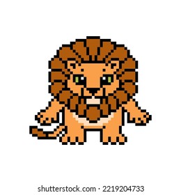 Pixel art lion standing, cute cartoon character isolated on white background.  Old school vintage retro 8 bit 80's-90's slot machine, 2d video game graphics. Zoo or wildlife animal mascot.