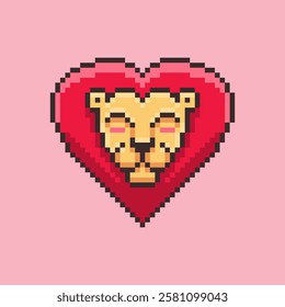 Pixel art of a lion's face with its mane is represented by the red heart shape, evoking feelings of love, affection, and tenderness. Vector illustration