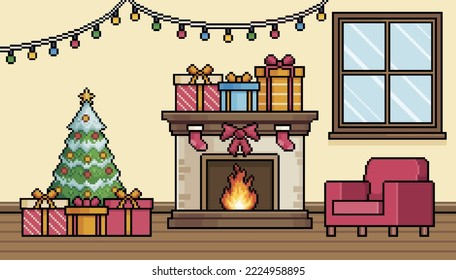 Pixel art living room with christmas decoration with fireplace, christmas tree and armchair background vector for 8bit game