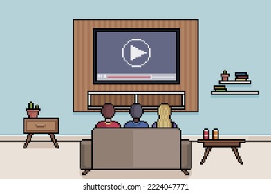 
Pixel Art Wohnzimmer mit Menschen, die Fernsehen, Film, Serie und Streaming-App mit 8-Bit-Spielhintergrund sehen