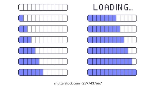 Pixel art loading bar interface. 8 bit game progress button elements set and text. Waiting signs in retro 80s style. Vector pixelart illustration isolated on white background.