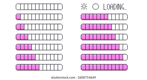 Pixel art loading bar interface. 8 bit game progress button elements set and text. Waiting signs in retro 80s style. Vector illustration isolated on white background.