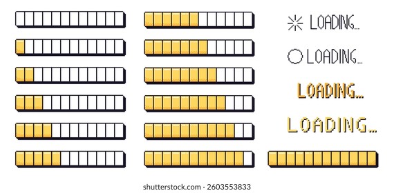 Pixel art loading bar interface. 8 bit game progress button elements set and text. Waiting signs in retro 80s style. Vector illustration isolated on white background.