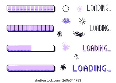 Pixel art loading bar interface. 8 bit game progress button elements set and text. Waiting signs in retro 80s style. Vector illustration isolated on white background.