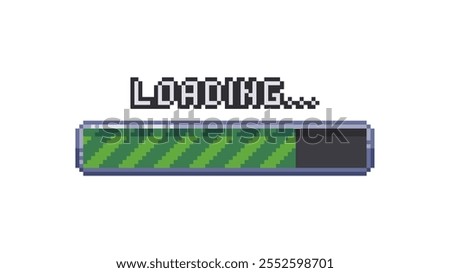 Pixel art loading bar, retro game start, 8 bit, download bar screen. Pixelated progress animation. Loading from 0 to 100 percent.