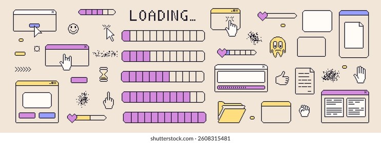 Pixel art loading bar. Windows interface vintage. 8 bit browser and menu elements with cursors and progress load. Pixel screens 90s style. Ui message frames figures. Vector set illustration.