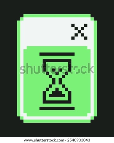 Pixel Art Loading Screen Hourglass Retro Icon. Vintage acid green y2k style of upload progress in old system user interface. 8 bit game sand timer. Vector illustration.