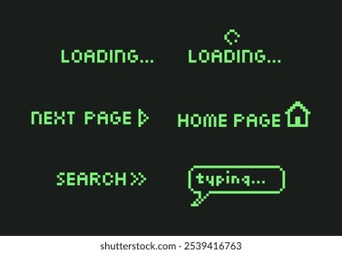 Pixel Art Loading Screen Interface Element Y2k Set. 8 bit acid green PC phrases collection. Loading message, next page, home page icon and search navigation buttons, speech bubble. Vector illustration