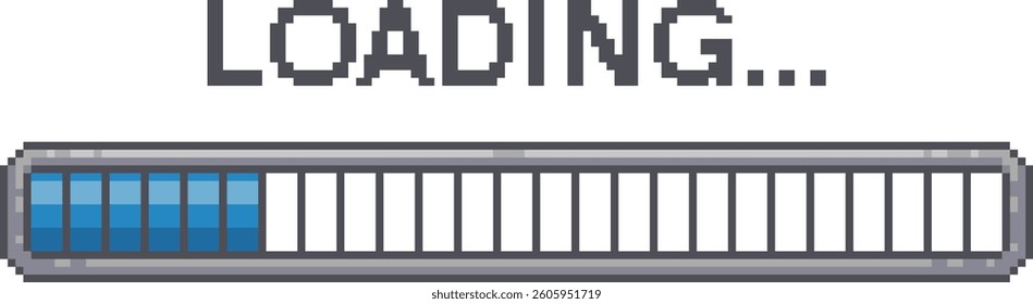Pixel art loading screen. Retro video game download progress bar. Pixelated 8-bit vector.
