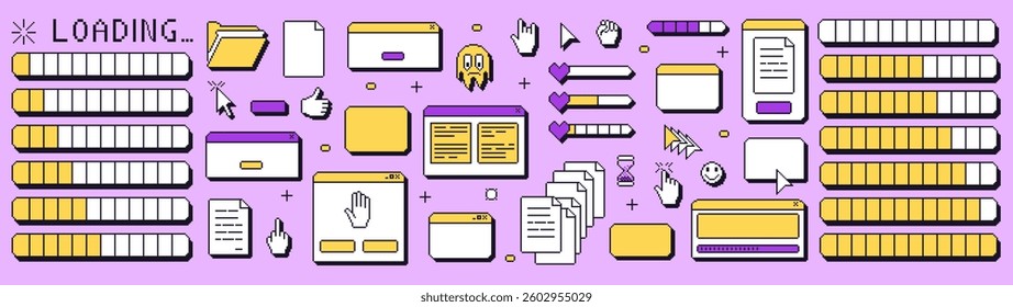Pixel art loading windows interface. 8 bit browser and popup elements with pointers cursors, arrow and hands. Pixel screens y2k 90s style. Ui message borders figures. Vector illustration.