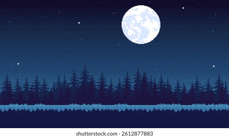 Pixel art location with forest at night with moon and stars. Seamless landscape background for game or application.