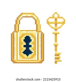 Pixel art lock and key isolated on white background. Padlock in 8 bit retro game style.