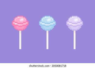 Pixel art lollipop illustration set. Vintage classic round lollipops in retro 8 bit gaming style. Pixel isolated pink blue purple round lollipop icon. Vector.