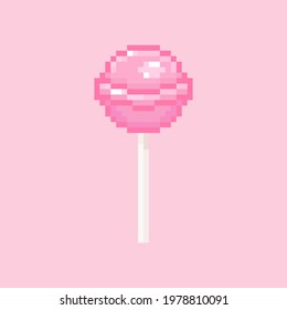 Pixel art lollipop illustration. Vintage classic round lollipop in retro 8 bit gaming style. Pixel isolated pink round lollipop icon. Vector.