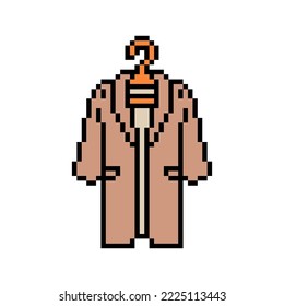 Pixel art long brown coat on a hanger isolated on white background. Clothes icon. Old school retro vintage 90s, 80s 8 bit slot machine, 2d video game graphics.