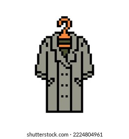 Pixel art long double-breasted gray coat on a hanger isolated on white background. Clothes icon. Old school retro vintage 90s, 80s 8 bit slot machine, 2d video game graphics.