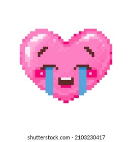 Pixel Art Loudly Crying Heart Emoji. Vintage 8 Bit Pixel Pink Emoticon Of Sad Heavy Tear Face Smile. Cute Anime Kawaii Vector Icon. Valentine Day Romantic Heart-shaped Design.
