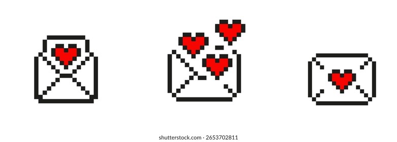 Conjunto de Ícones de Letra de Amor Pixel Art. Comunicação Romântica E Coleção De Símbolos De Afeto. Envelopes Com Corações, Expressando Amor E Emoção. Ilustração de vetor isolada.