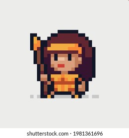 Pixel art low resolution amazon warrior with golden spear wearing golden armor