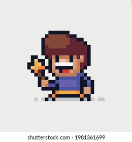 Pixel art low resolution male character holding magic wand with golden star