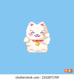 Pixel art lucky cat. 8 bit Maneki Neko in retro gamer style. Cute symbol of wealth.