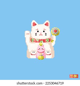 Pixel art lucky cat. 8 bit Maneki Neko in retro gamer style. Cute symbol of wealth traditional Lucky Cat pattern for game, print, sticker or cross-stitch. Lucky cat family illustration.