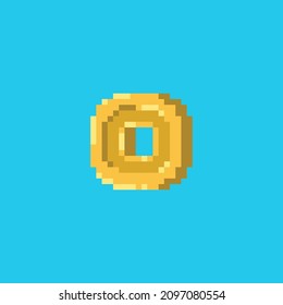 Pixel art lucky coin icon. Vector 8 bit style illustration of Chinese golden fortune hole coin. Isolated golden decorative oriental holiday element of retro video game computer graphic.