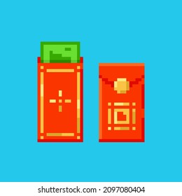 Pixel art lucky money envelope gift icon. Vector 8 bit style illustration of Chinese angpao money present. Isolated red and gold colors holiday decorative element of retro video game computer graphic.