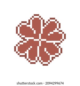 Pixel art lucky shamrock gingerbread cookie decorated with white sugar icing, 8 bit food icon isolated on white. Saint Patrick's day treat. Christmas Winter holiday dessert. Four-leaf clover symbol.