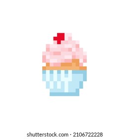 Pixel art mac cupcake aron illustration. Vector pixel sweet cake in pixelated mosaic retro game style. 8 bit vintage decor for valentine day. Pixel dessert with cream isolated icon on white background