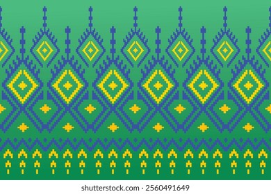 Pixel art made of brightly colored squares used in textiles