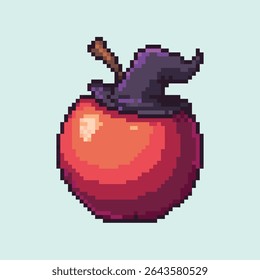 Pixel Art Magic Apple with Wizard Hat, Pixel art illustration of a red apple wearing a dark purple wizard hat, complete with a tiny stem