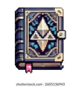 Pixel art magic book with geometric crystal design on the cover, decorated with blue leaves and golden frame. Perfect for fantasy RPGs, enchanted libraries, or mystical inventory items.