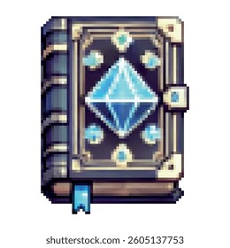 Pixel art magic book with a large blue crystal and golden accents on the cover. Features a blue bookmark and dark spine. Ideal for fantasy RPGs, spellcasters, or mystical inventory icons.