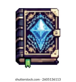 Pixel art magic book with ornate cover and glowing blue crystal. Enchanted spellbook perfect for fantasy RPGs, wizards, game icons, or mystical inventory items. Isolated on white background.