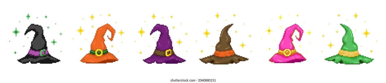 Pixel art magic Hat collection. Retro pixel wizard hats illustration in 8 bit style. Halloween decoration sprite. Vector pixelated hat of wizard, warlock, witch, sorcerer, druid, and charmer.
