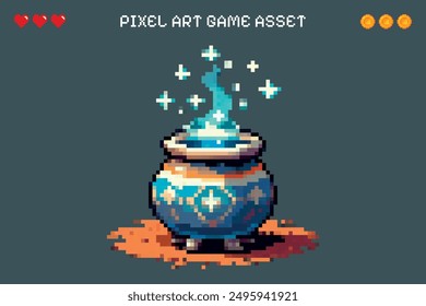 Pixel Art Magic Pot Wizard Video Game Asset Vector Isolated Background 2D Sprite Sheet Character Design Retro Vintage