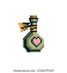 Pixel Art Zaubertrank Flasche mit Herzsymbol in Glaskolben. Retro-Fantasie-Spiel-Symbol im 8-Bit-Stil, geeignet für RPG-Inventar, Gesundheitsartikel, UI-Element oder Spiel-Asset.