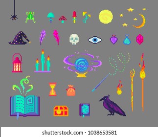 Pixel art magic set. Mystical book, mushrooms, skull, staff, crows and much more for design.