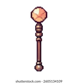 Pixel art magic staff with a large faceted orange crystal on top and a wooden handle. Perfect for fantasy RPGs, spellcasters, game icons, or magical inventory items. Isolated on white.